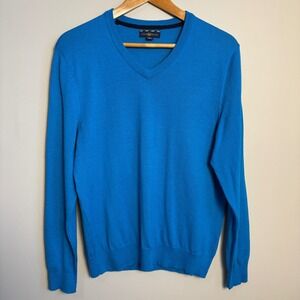 Club Room Mens V-Neck Merino Wool Blend Sweater Blue Size Medium Preppy Academia